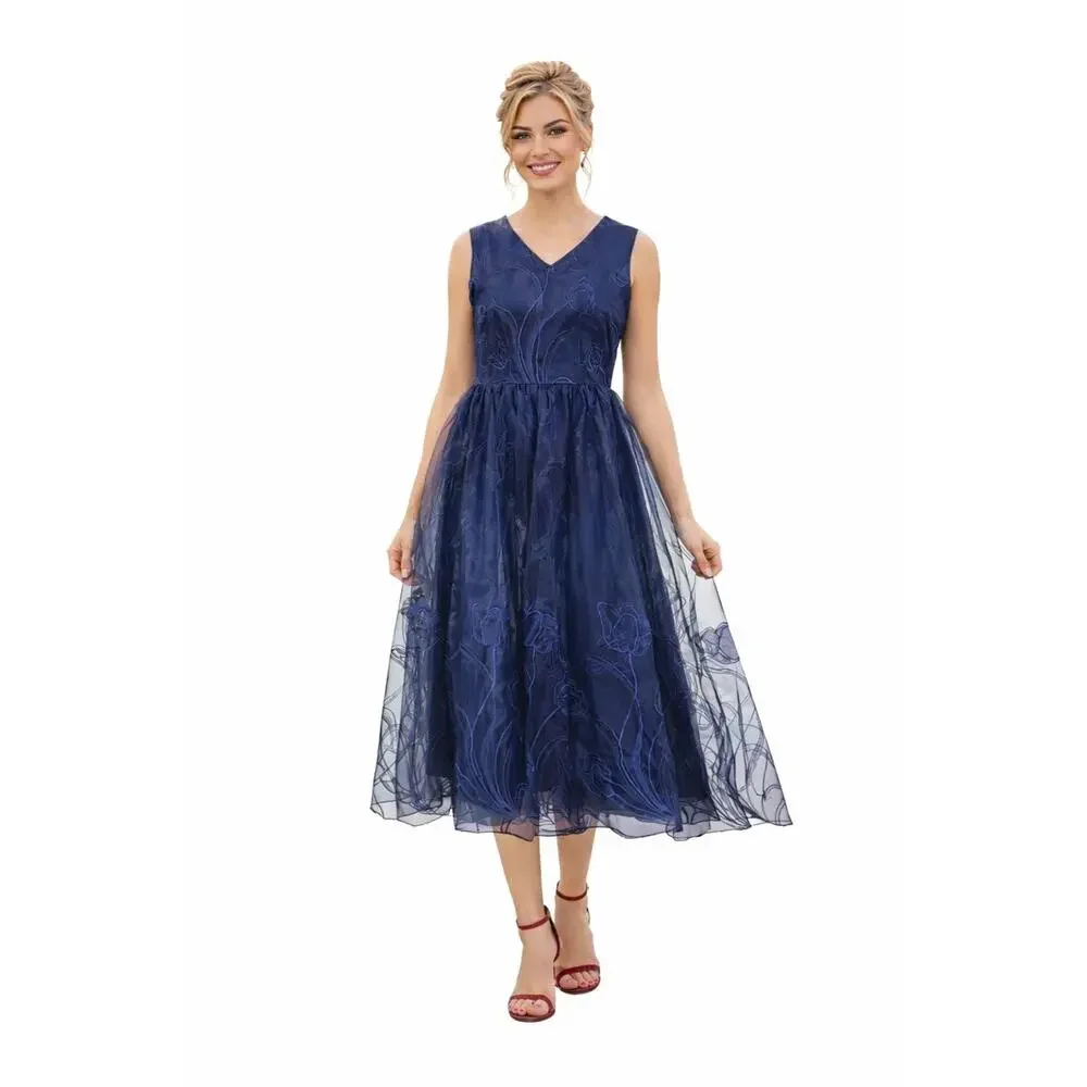 STYLEWE HZY Navy Blue Organza with Emroidered Floral Detail Dress